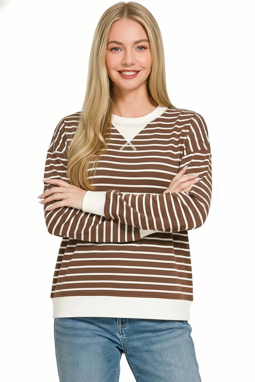 Zenana Contrast Striped Round Neck Sweatshirt by Zenana