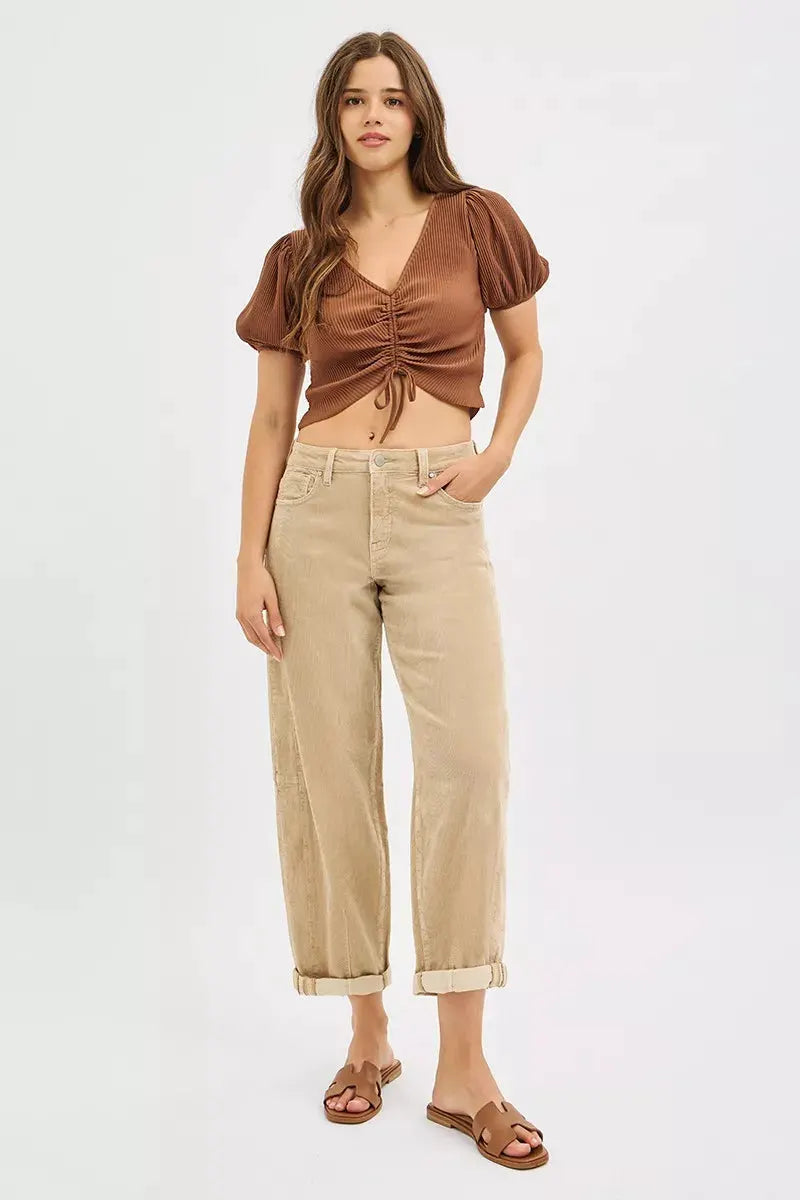 RISEN High Rise Crop Barrel Cordurory Pants by RISEN