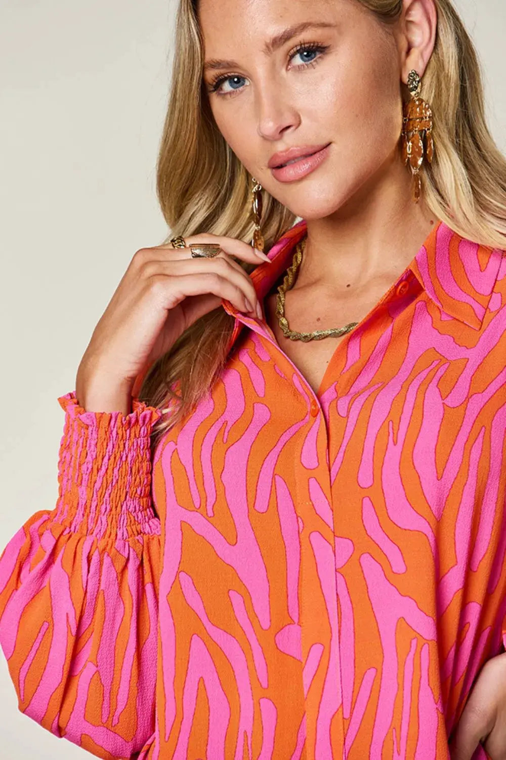 Double Take Full Size Printed Smocked Long Sleeve Blouse Plus Size by Double Take