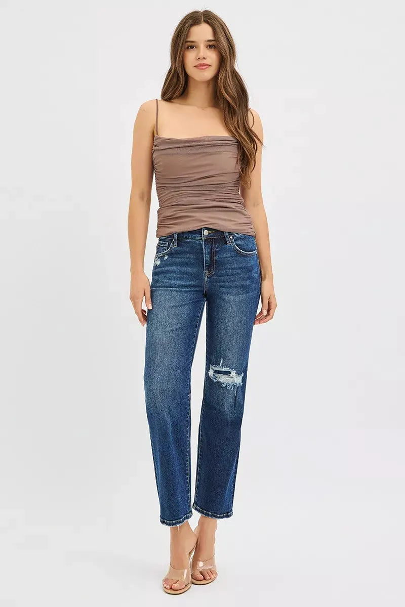 RISEN High Rise Crop Slim Straight Jenas with Hidden Knee Patch by RISEN
