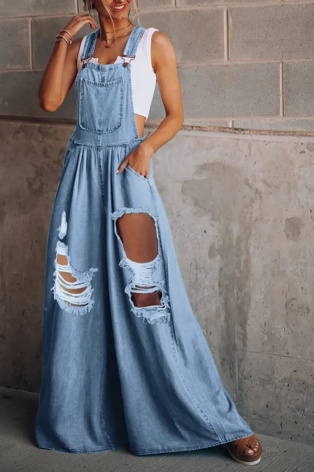 Distressed Wide Leg Denim Overalls by Partner Labels