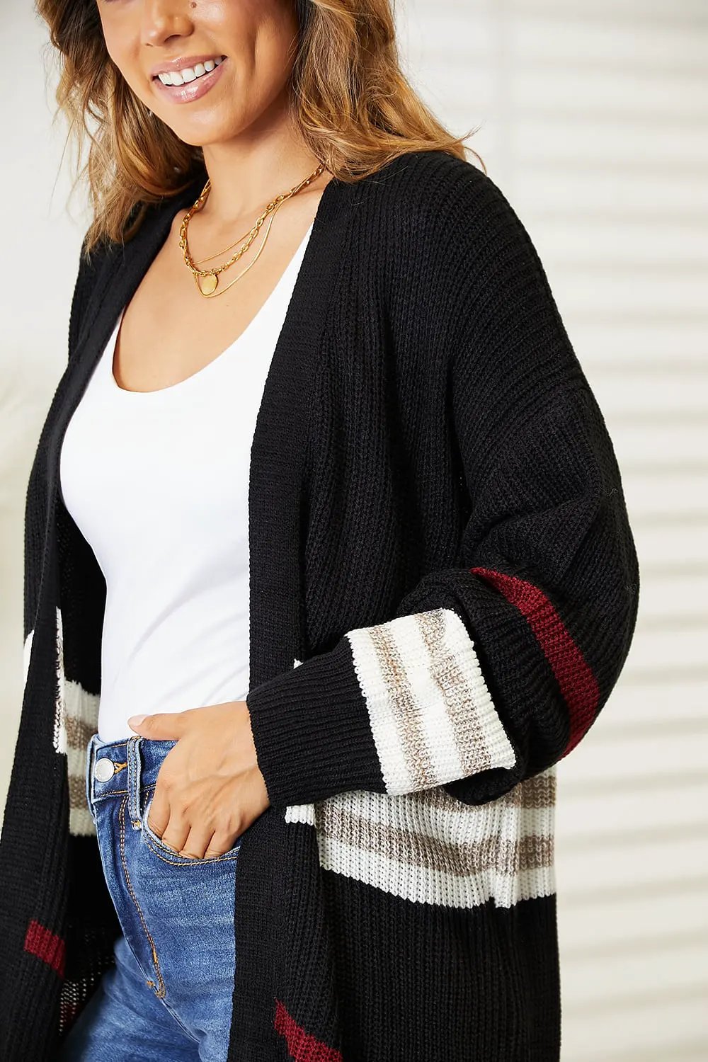 Perfee Striped Rib-Knit Drop Shoulder Open Front Cardigan by Perfee