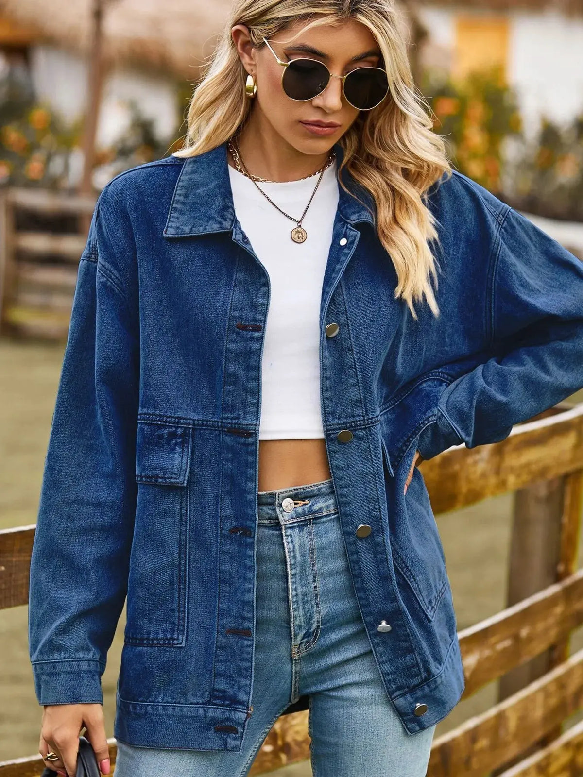 Oversized Button Up Denim Jacket with Hood by Partner Label