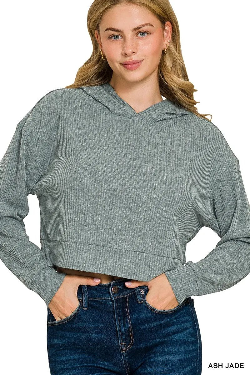 Zenana Drop Shoulder Ribbed Crop Hoodie by Zenana