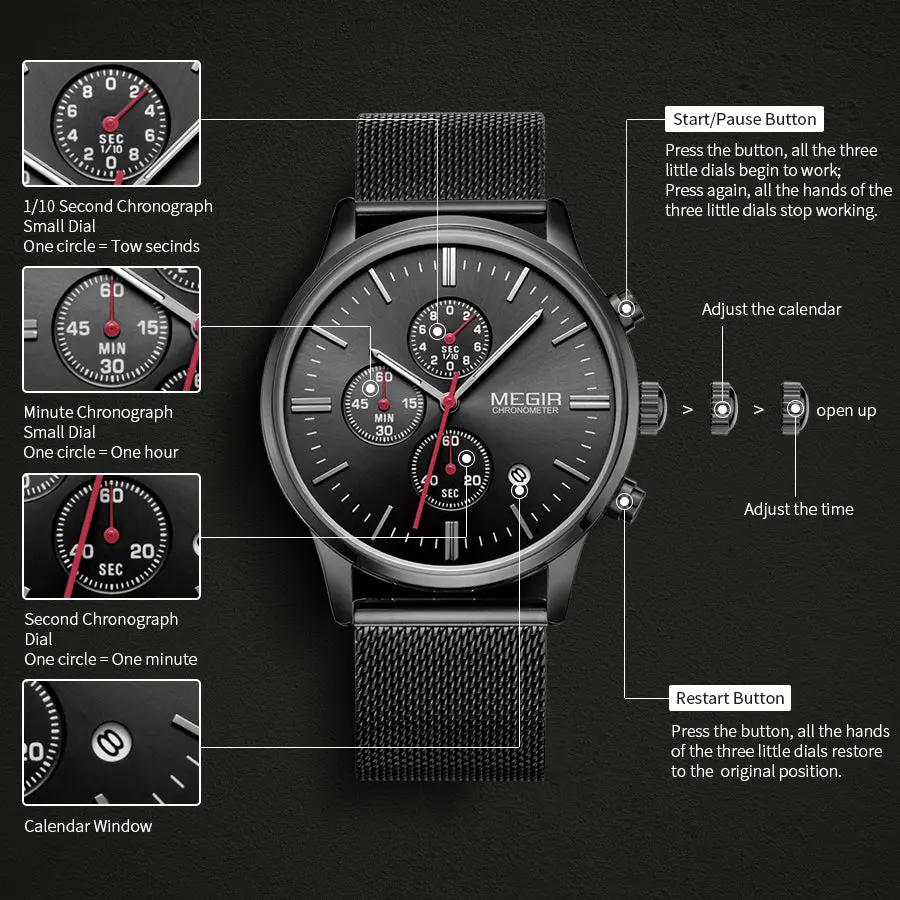 MEGIR Men's Quartz Watch Luxury Steel Mesh Bracelet Wristwatch Waterproof Business Casual Clock Date Chronograph Reloj Hombre 2011 by MEGIR WATCH GROUP