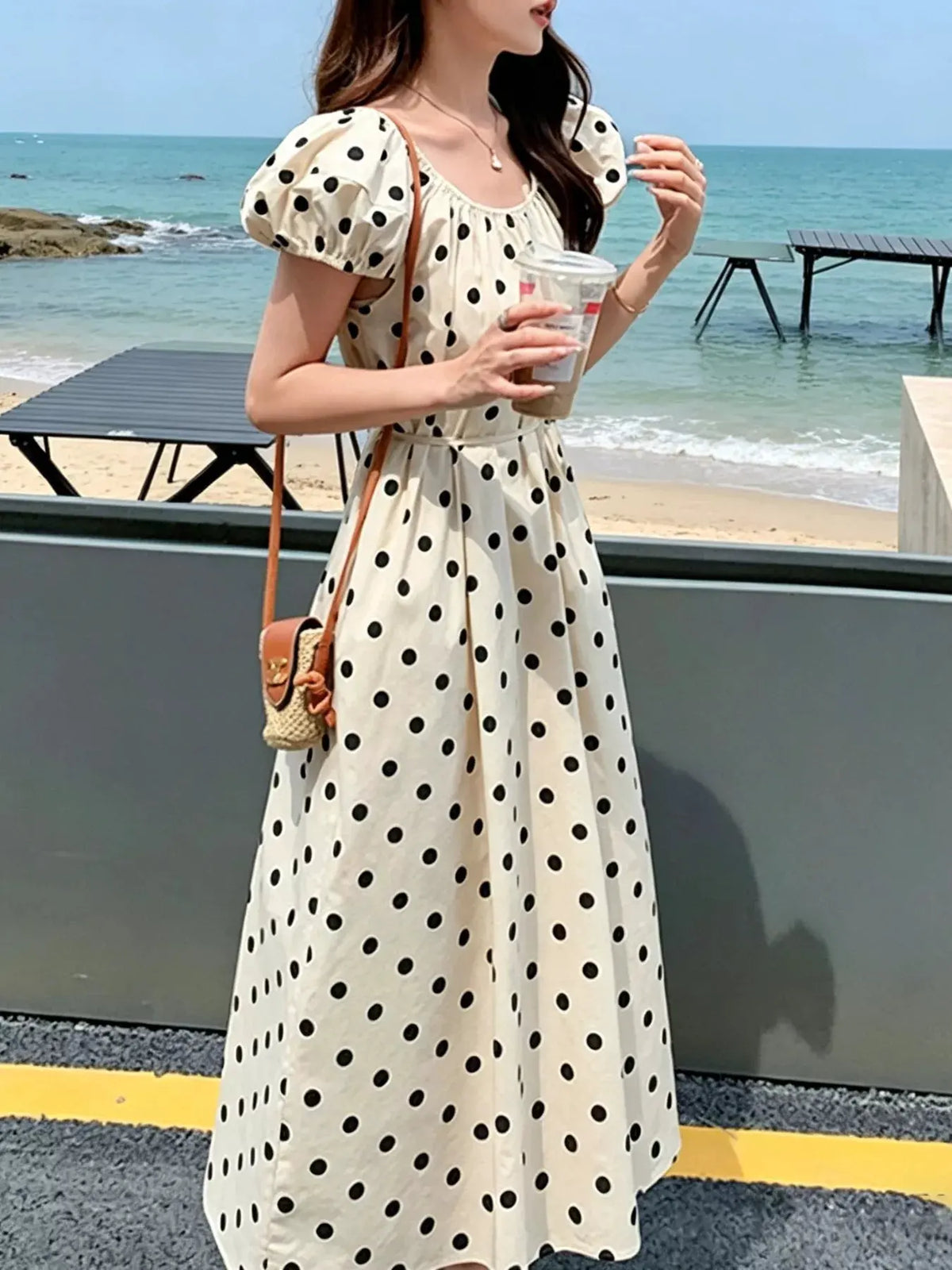 Polka Dot Puff Sleeve Midi Dress by Trendsi