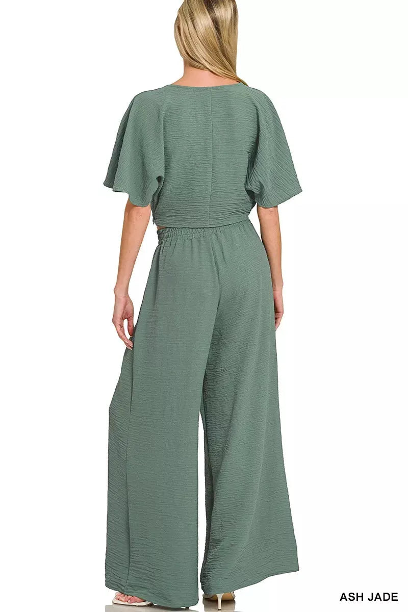 Zenana Woven Airflow Twisted Top & Wide Leg Pants Set by Zenana