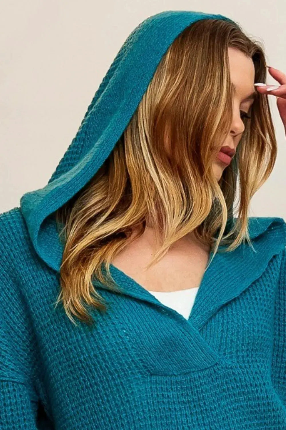 BiBi Raw Edge Detail V-Neck Sweater Hoodie by BiBi