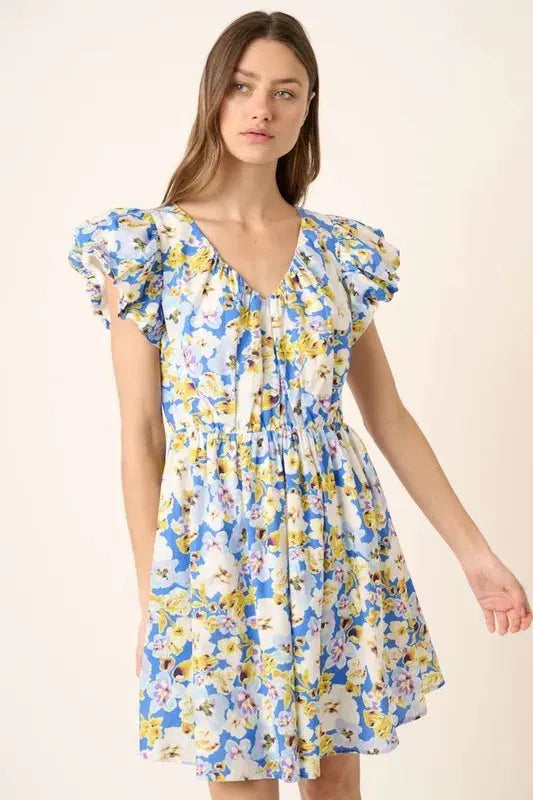 Mittoshop Floral V-Neck Cap Sleeve Mini Dress by Mittoshop