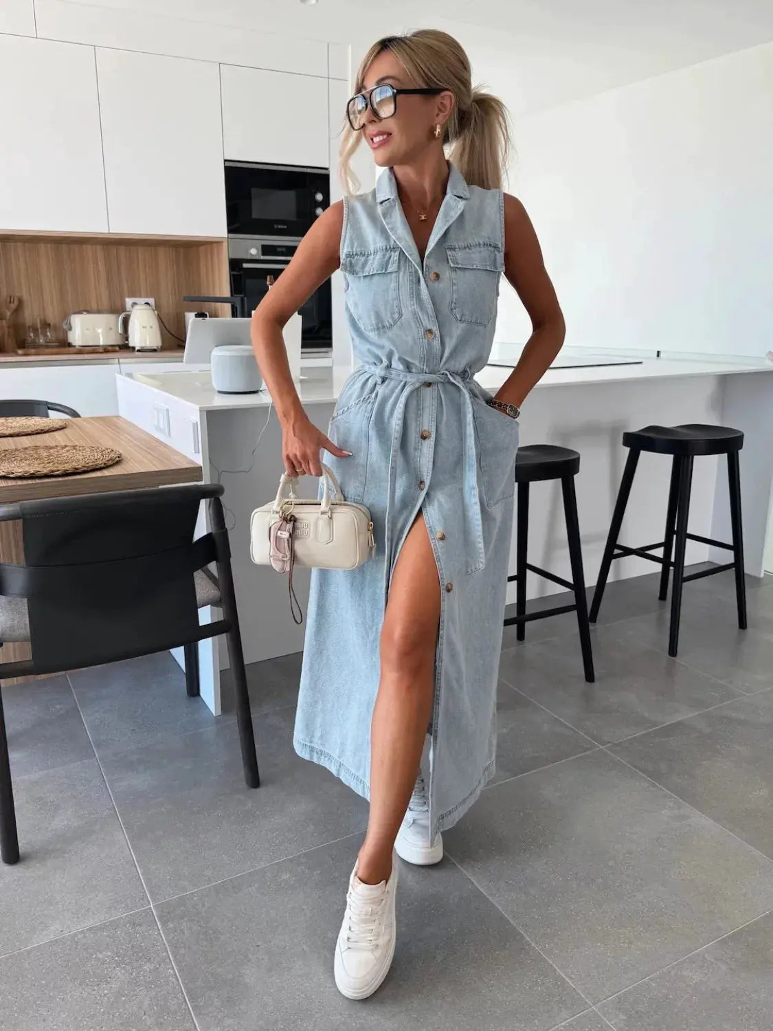 Button Front Sleeveless Denim Dress by Partner Label
