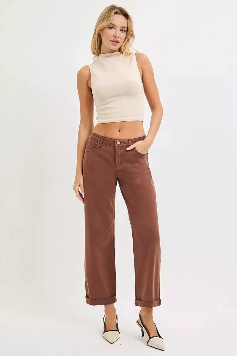 RISEN Full Size Tummy Control Mid Rise Ankle Barrel Baggy Plus Size by RISEN