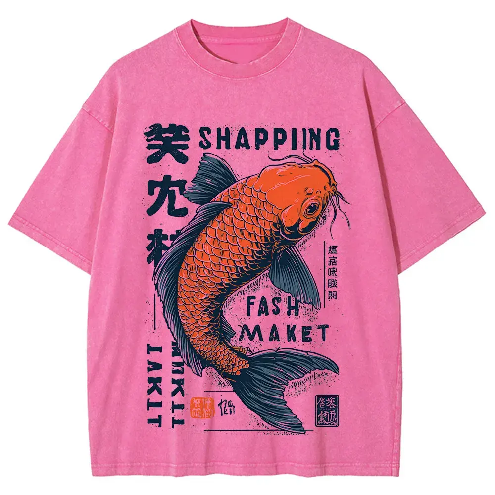 Men Summer Japanese Koi Fish Print Short Sleeve T Shirt Navy Blue by Vimost Shop