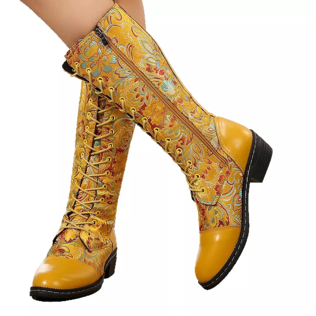 Embroidered Lace-Up Block Heel Boots by Partner Label