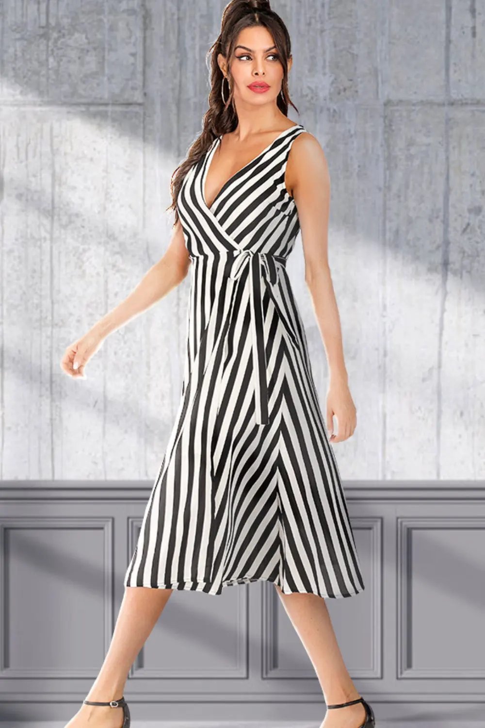 Striped Surplice Tied Sleeveless Dress by Partner Label