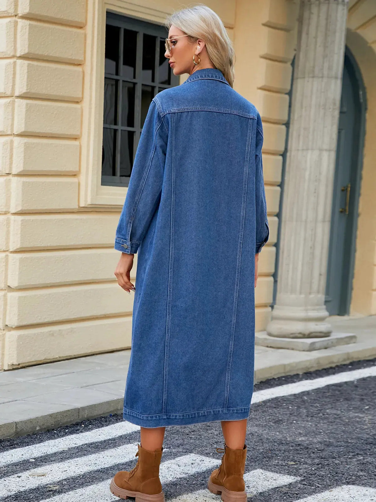 Button Up Long Sleeve Longline Denim Jacket by Partner Label