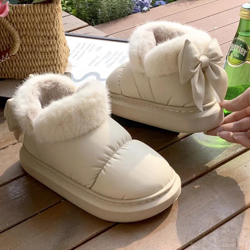 Winter Women Cute Warm Ankle Boots Outdoor Non-slip Thick Sole Snow Boots Furry Bow Cotton Shoes Men Pu Waterproof Plush Boots by Maiden-Art