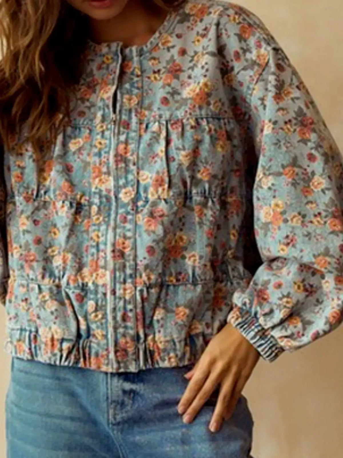 Floral Print Zip Up Cropped Denim Jacket by Partner Label