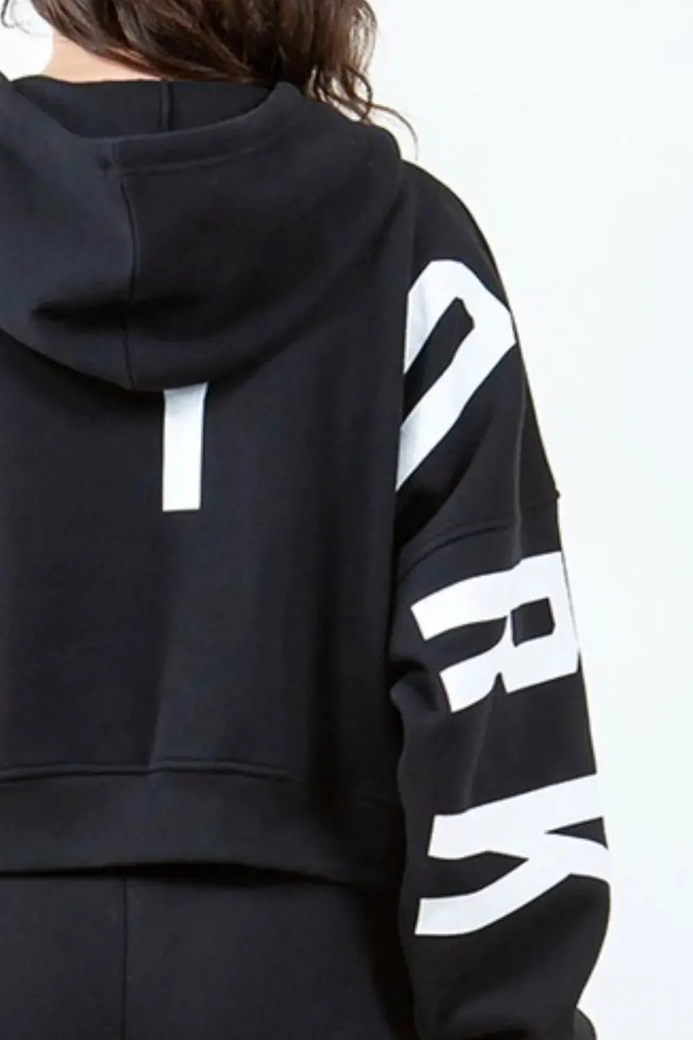 American Bazi Letter Graphic Long Sleeve Drawstring Cropped Hoodie by American Bazi