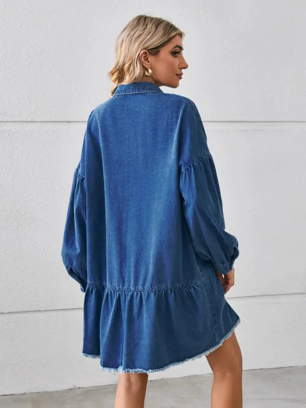 Button Up Pocketed Raw Hem Denim Dress by Partner Label