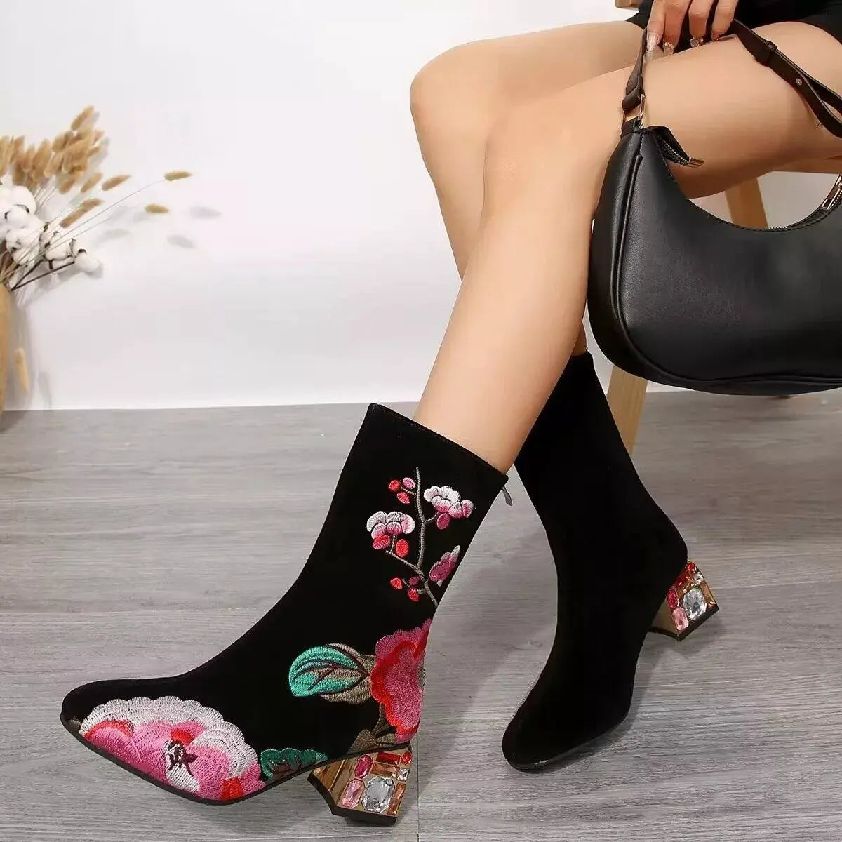 Floral Embroidered Rhinestone Block Heel Boots by Partner Label