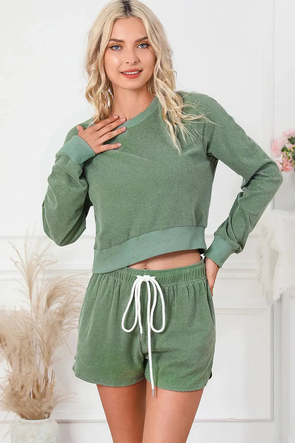 Round Neck Long Sleeve Top and Drawstring Shorts Lounge Set by Partner Label