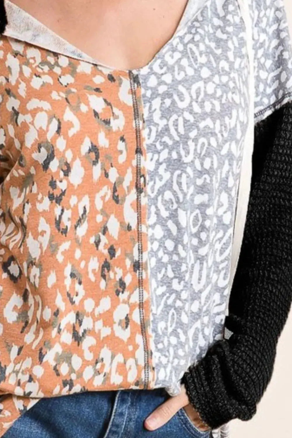 BiBi Popcorn Waffle Knit Hoodie with Print Block Front by BiBi