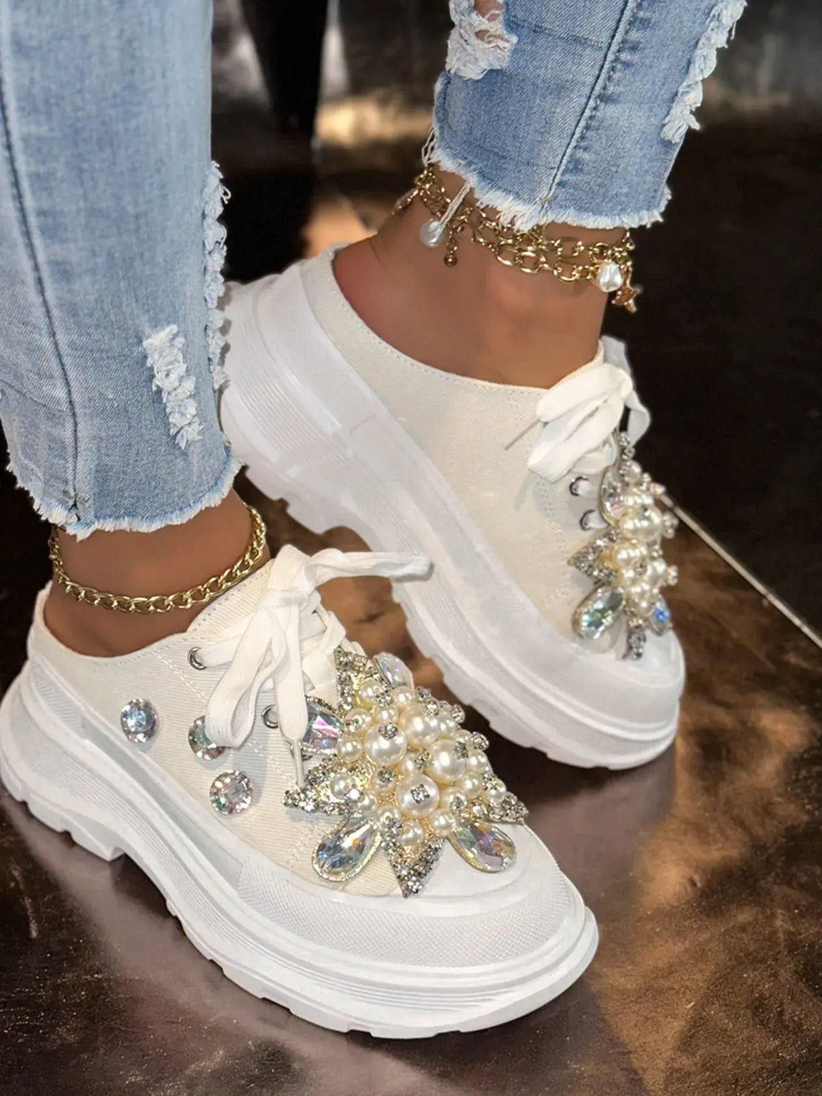 Pearl Embellished Platform Slip-Ons by Partner Label