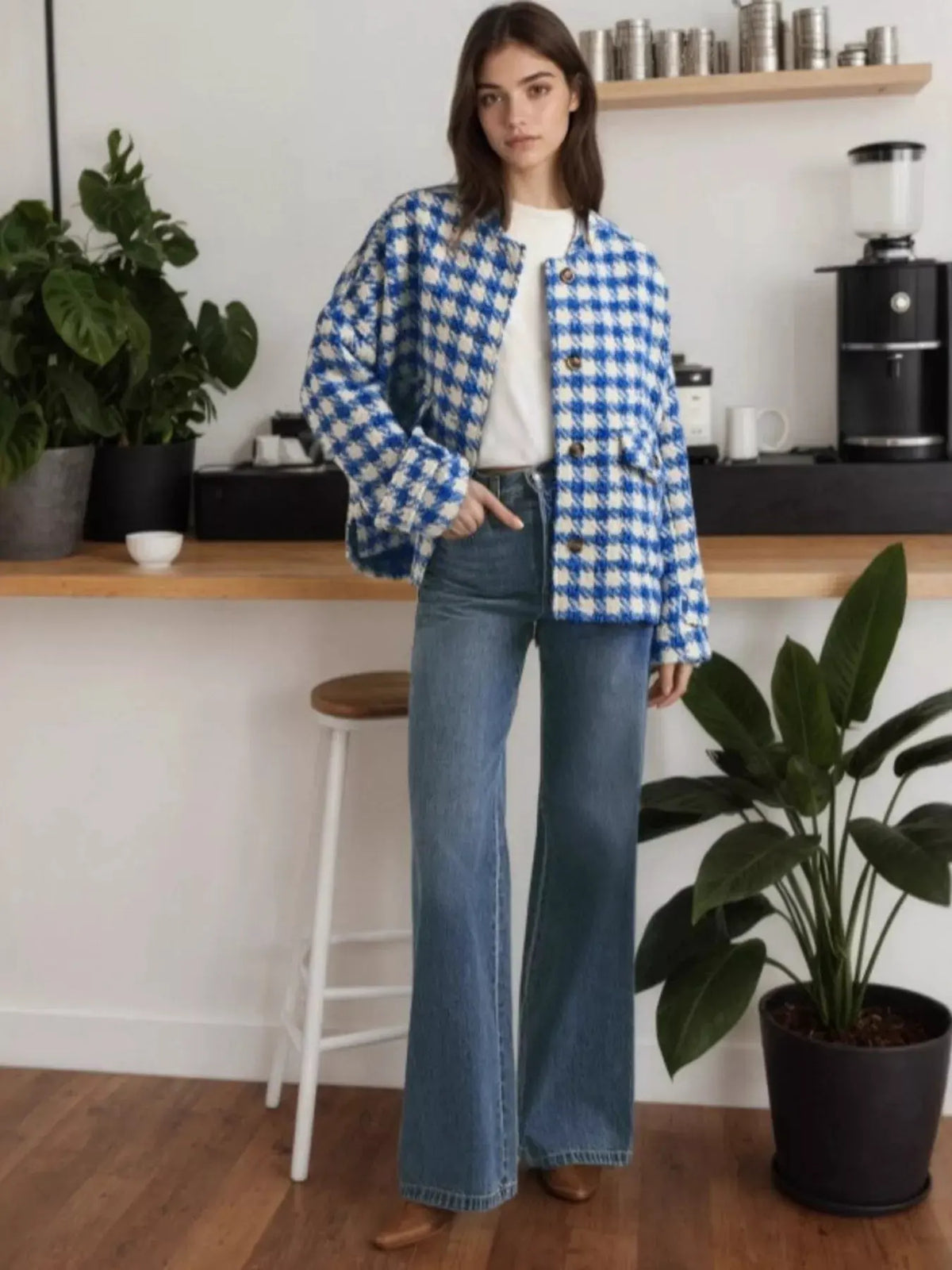 Houndstooth Button Up Long Sleeve Jacket by Partner Label