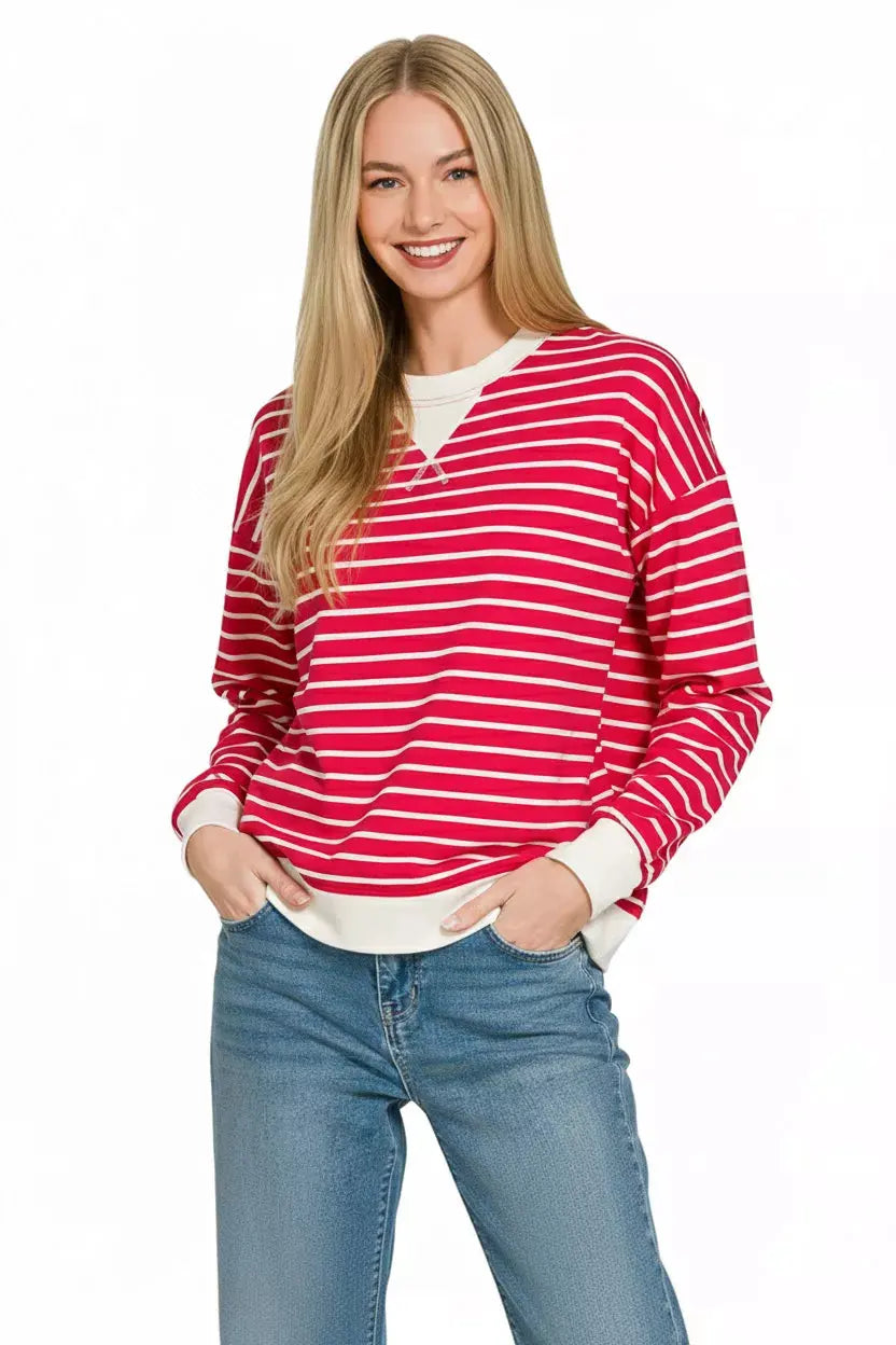Zenana Contrast Striped Round Neck Sweatshirt by Zenana