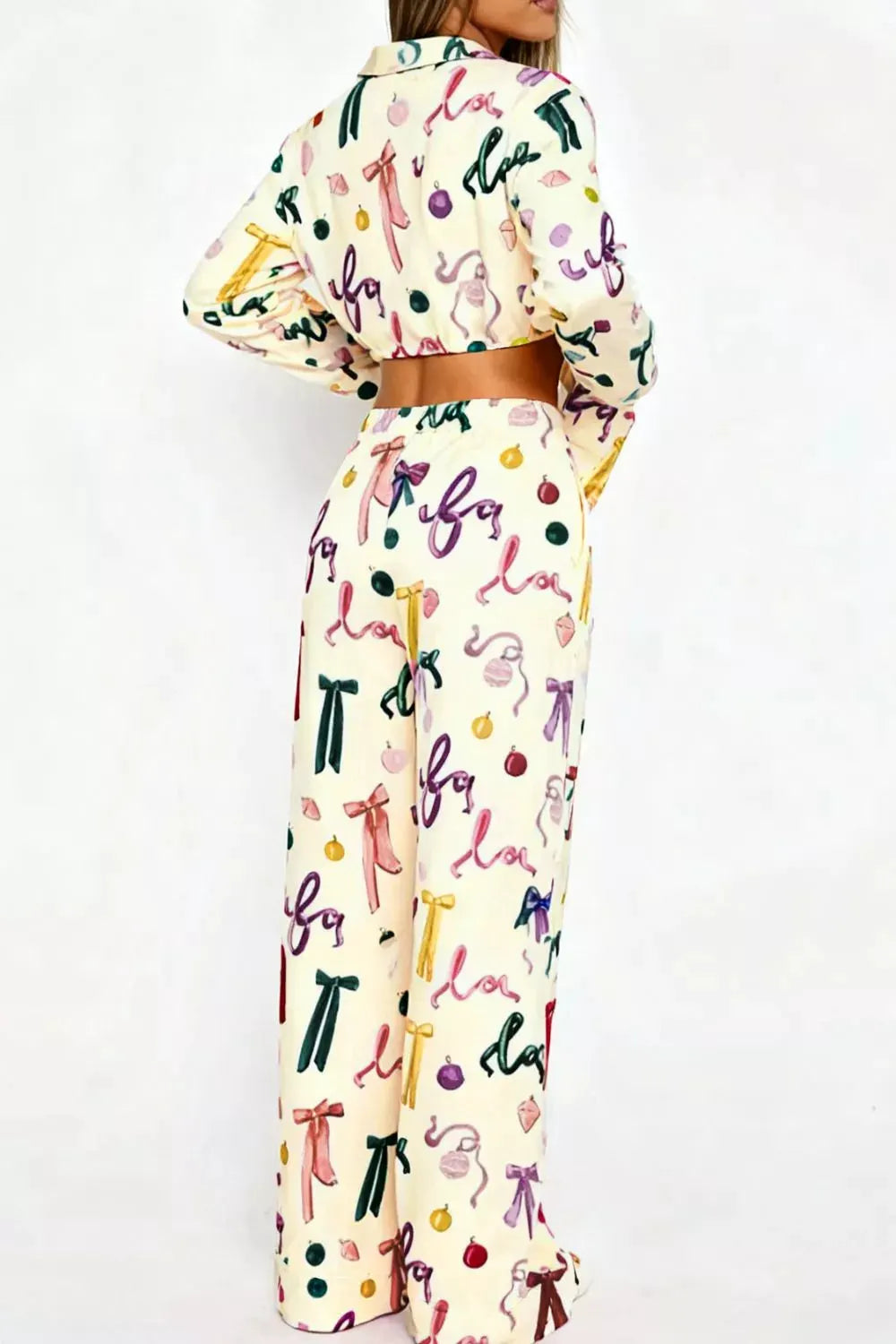 Bow Print Top and Wide Leg Pants Lounge Set by Partner Label