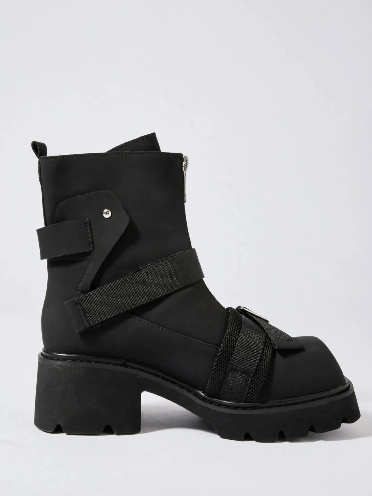 Chunky Platform Boots with Buckle Straps and Front Zip by Partner Label