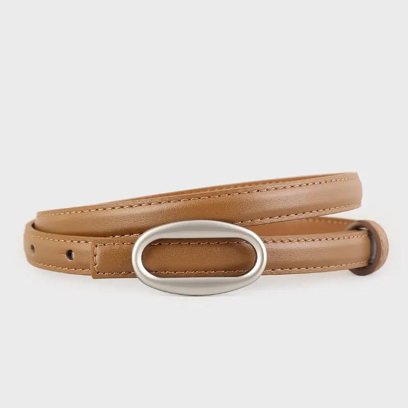 Oval Buckle Skinny Leather Belt by Trendsi