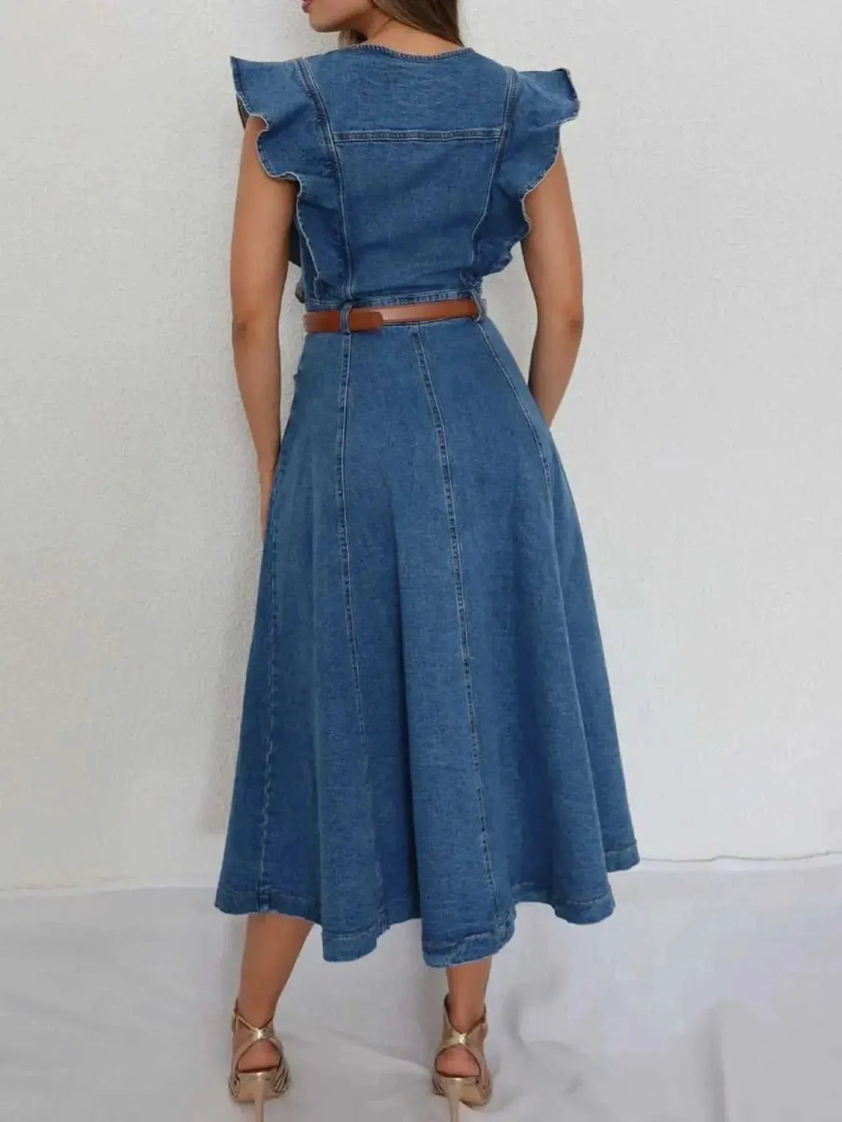 Button-Front Ruffle Sleeve Denim Midi Dress by Partner Label