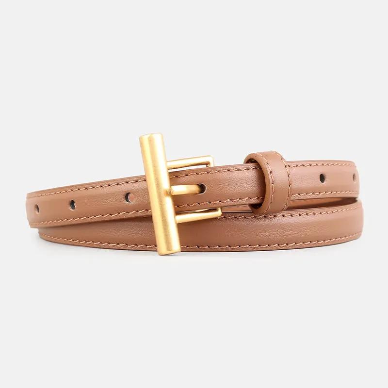 Leather Belt with Golden T-Buckle by Trendsi