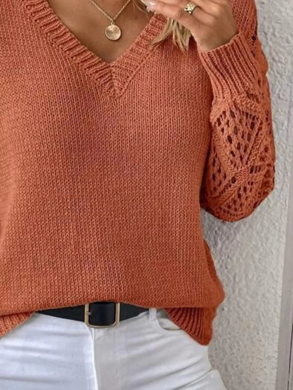 V‑Neck Hollow‑Out Sleeve Knit Sweater | Partner Labels Selection by Partner Label