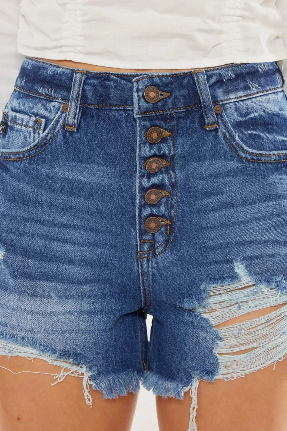 Kancan Distressed Button-Fly High Waist Denim Shorts by Kancan