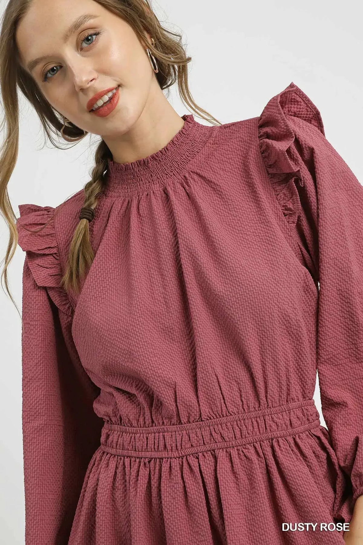 Umgee Textured Midi Dress with Ruffle Shoulder Detail by Umgee