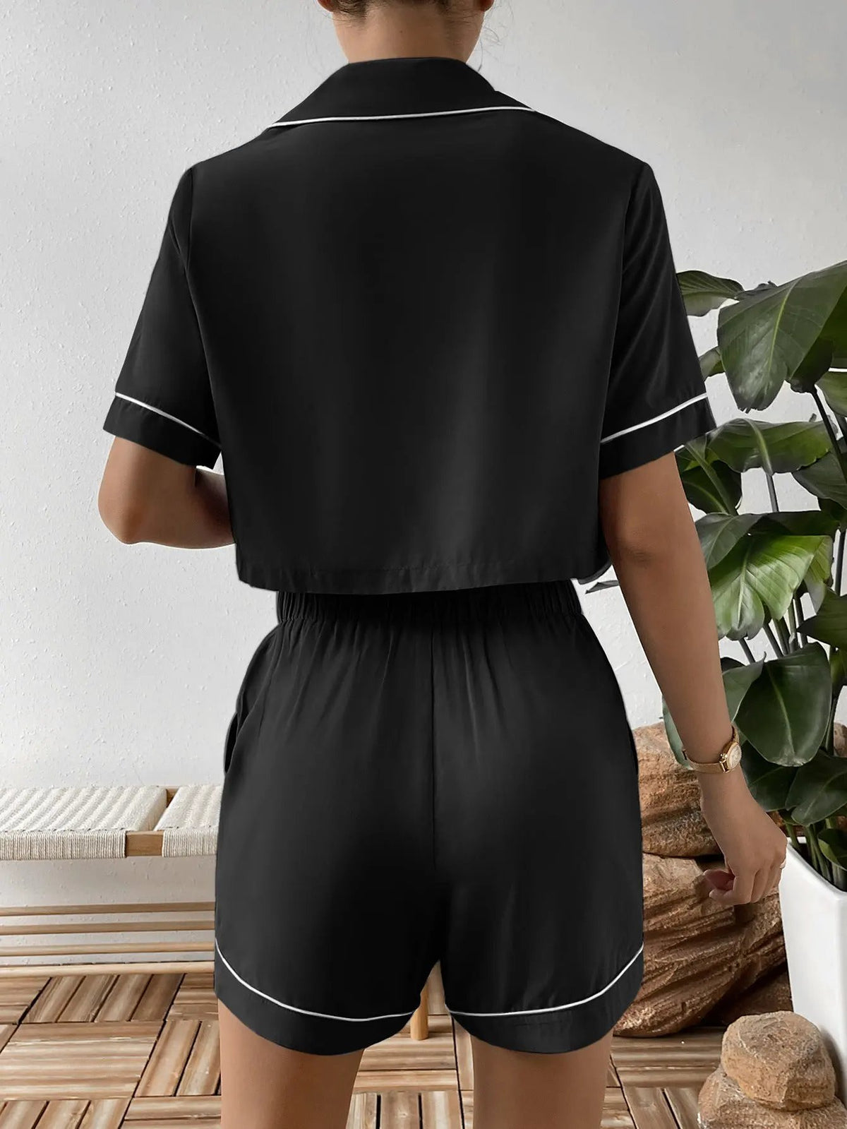 Ivy Lane Contrast Lapel Collar Cropped Shirt and Shorts Lounge Set by Ivy Lane