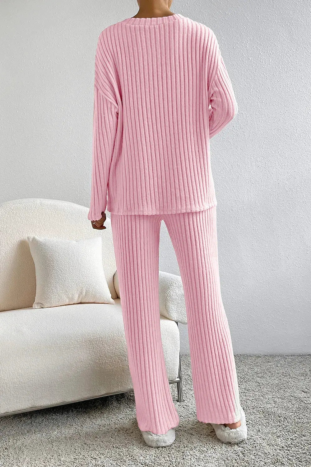 Ribbed V-Neck Top and Pants Lounge Set by Partner Label