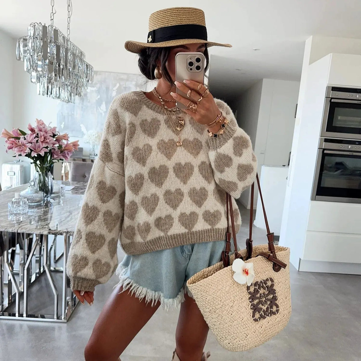 Heart Jacquard Color Contrast Short Knitted Valentine's Day Sweater by Maiden-Art