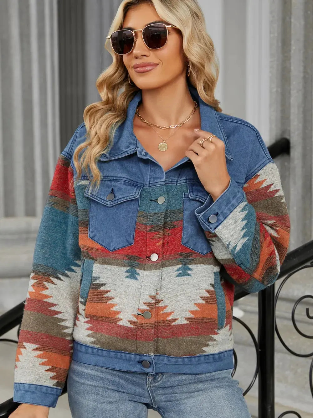 Geometric Button Up Long Sleeve Denim Jacket by Partner Label