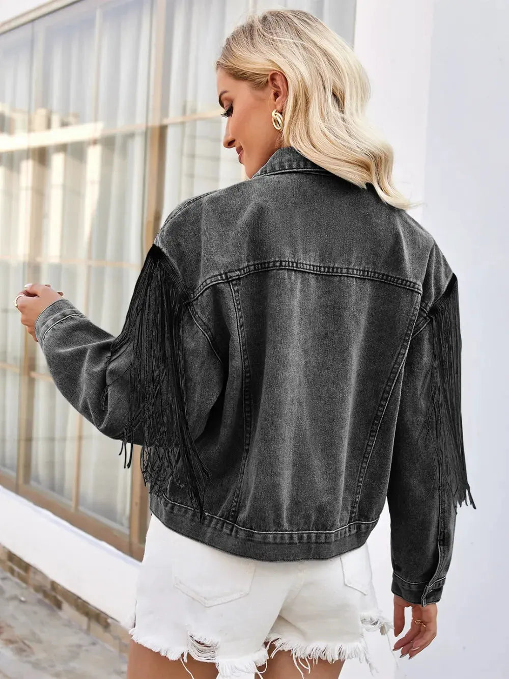 Tassel Button Up Dropped Shoulder Denim Jacket by Partner Label