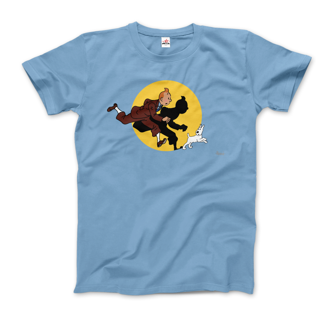 Tintin and Snowy (Milou) Getting Hit by a Spotlight t-shirt by Art-O-Rama Shop