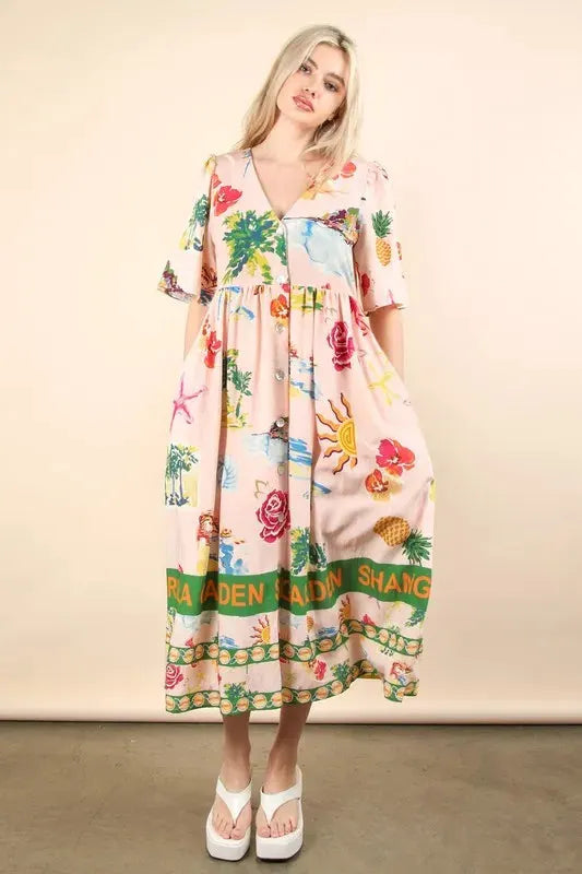 VERY J Button Down Printed Midi Dress by Very J