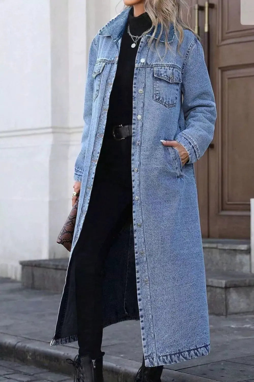 Longline Button-Down Denim Jacket by Partner Label
