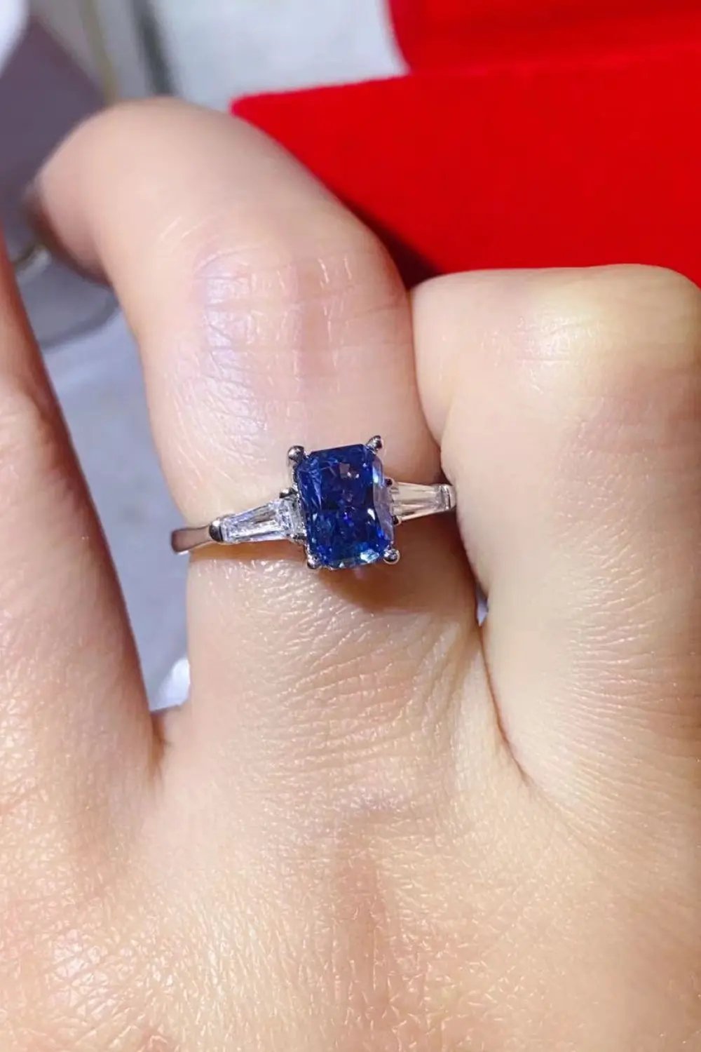 1 Carat Moissanite Platinum-Plated Rectangle Ring in Blue by Partner Label