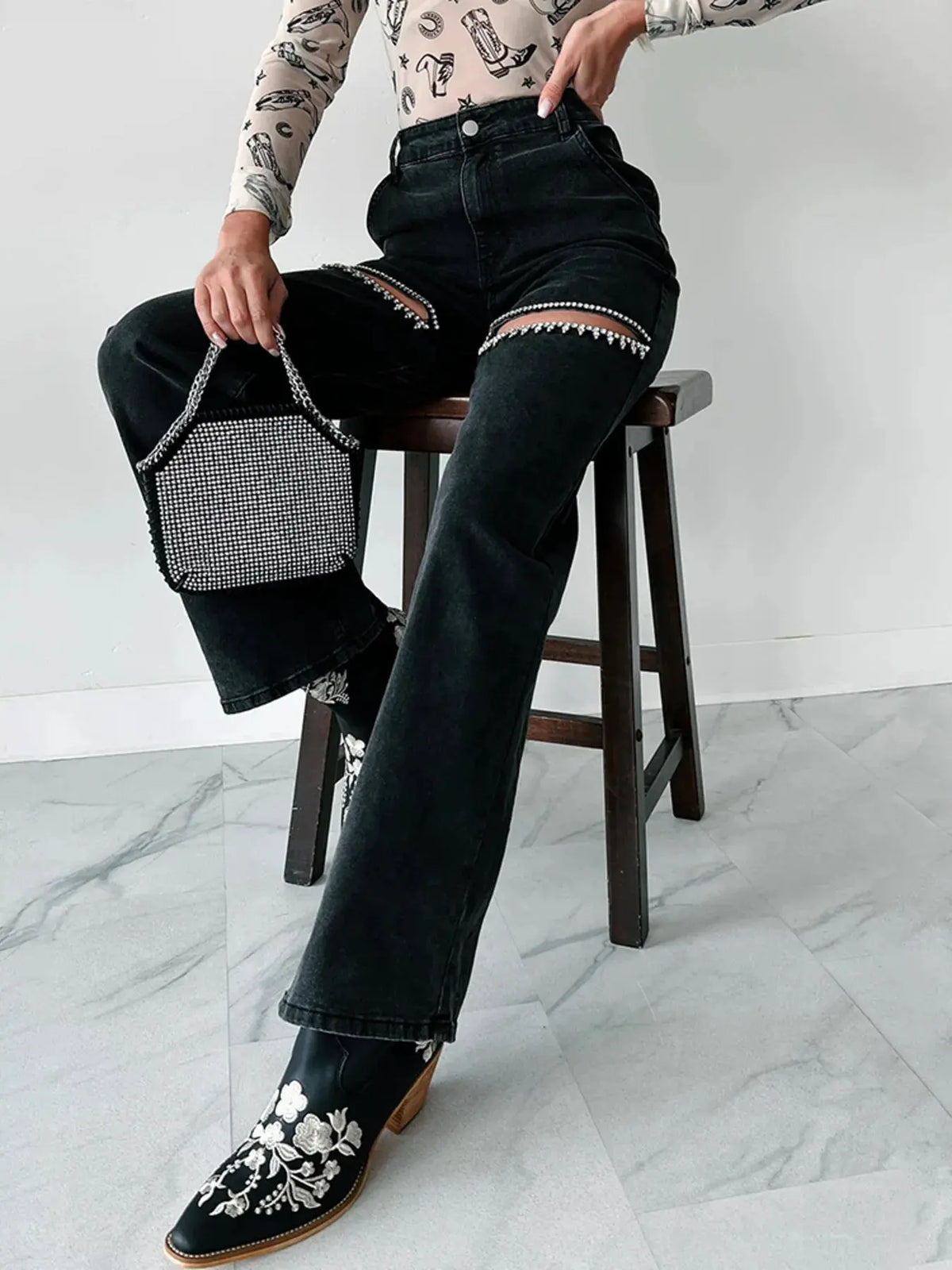 Ripped Wide Leg Wash Denim Jeans by Partner Label