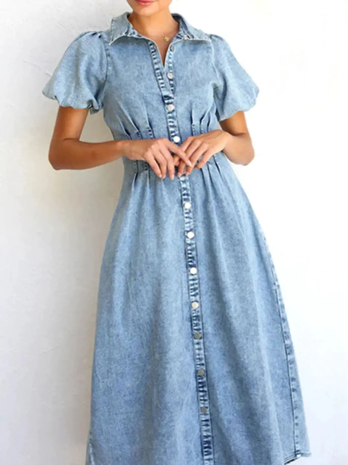 Puff Sleeve Button Front Denim Midi Dress by Partner Label