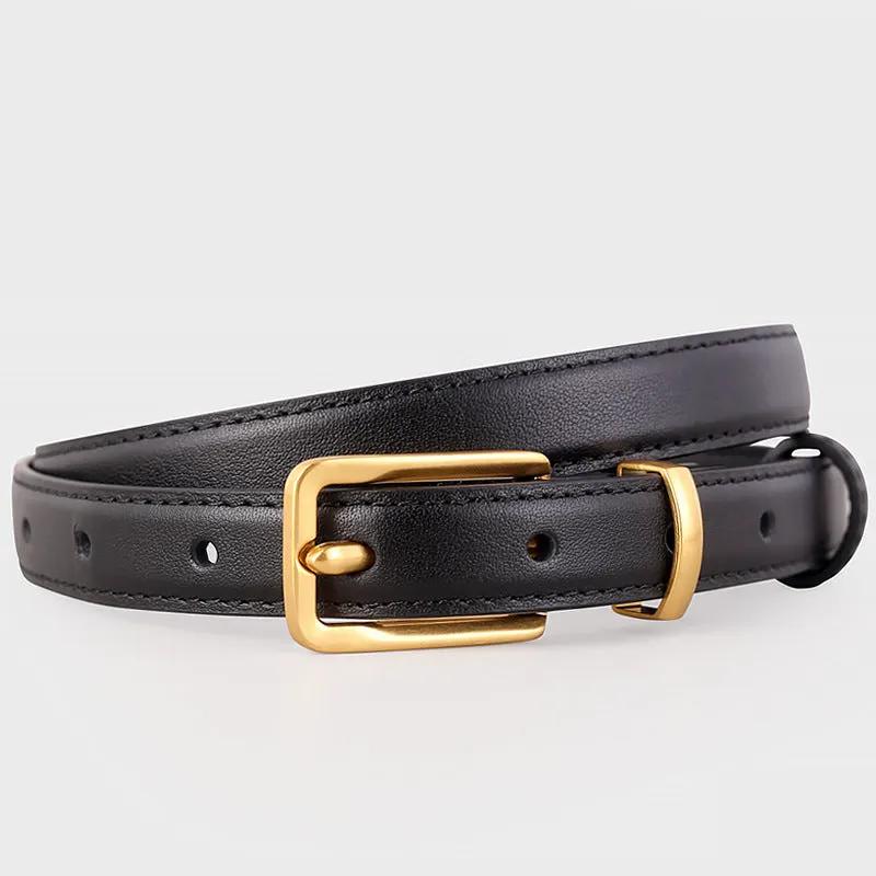 Leather Skinny Belt with Golden Buckle by Trendsi