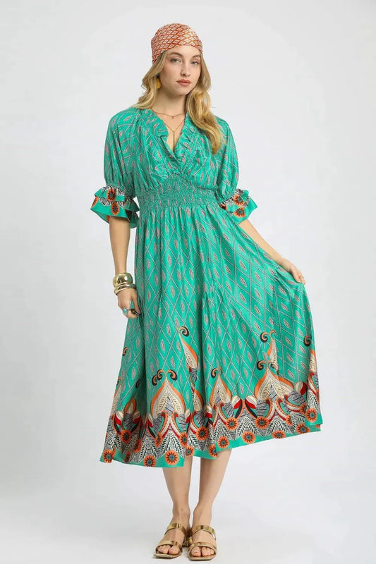 Umgee Printed Smocked Waist Flounce Sleeve Midi Dress by Umgee USA